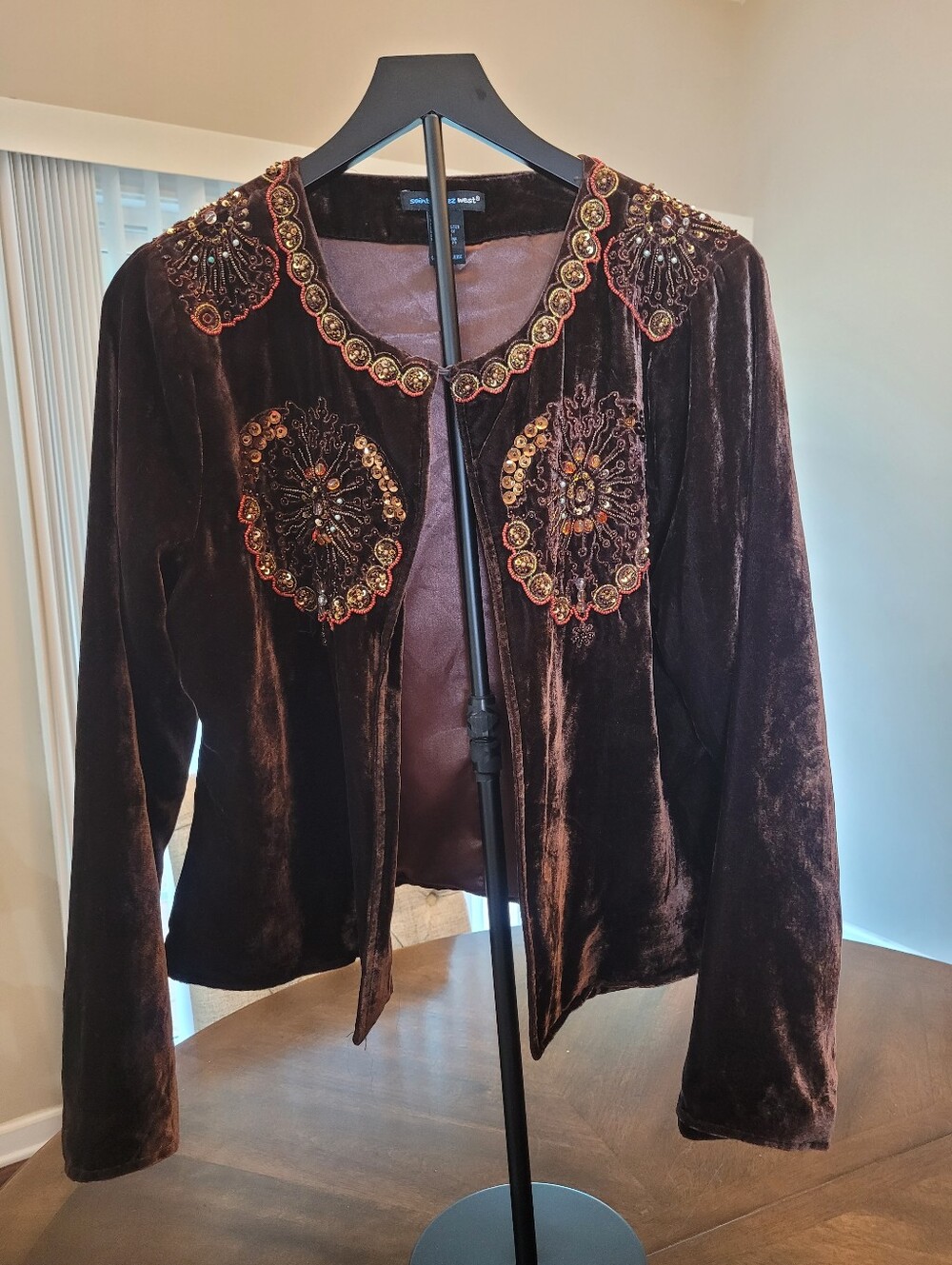 100% Silk Beaded Velvet Open Front Jacket - Brown by Saint Tropez West Size XL